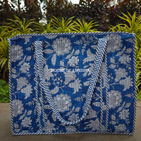 Blue Blossom Handblock Printed Cotton Tote Bag with Laptop Compartment