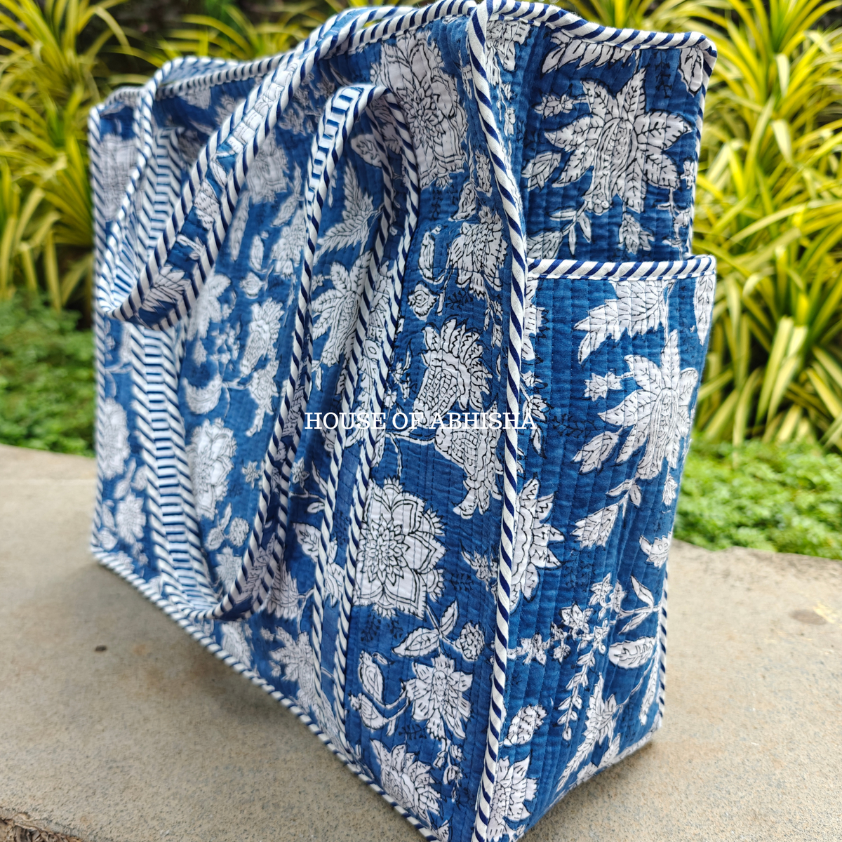 Blue Blossom Handblock Printed Cotton Tote Bag with Laptop Compartment