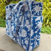 Blue Blossom Handblock Printed Cotton Tote Bag with Laptop Compartment
