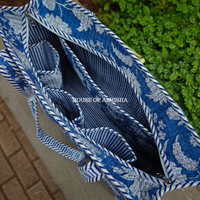Blue Blossom Handblock Printed Cotton Tote Bag with Laptop Compartment
