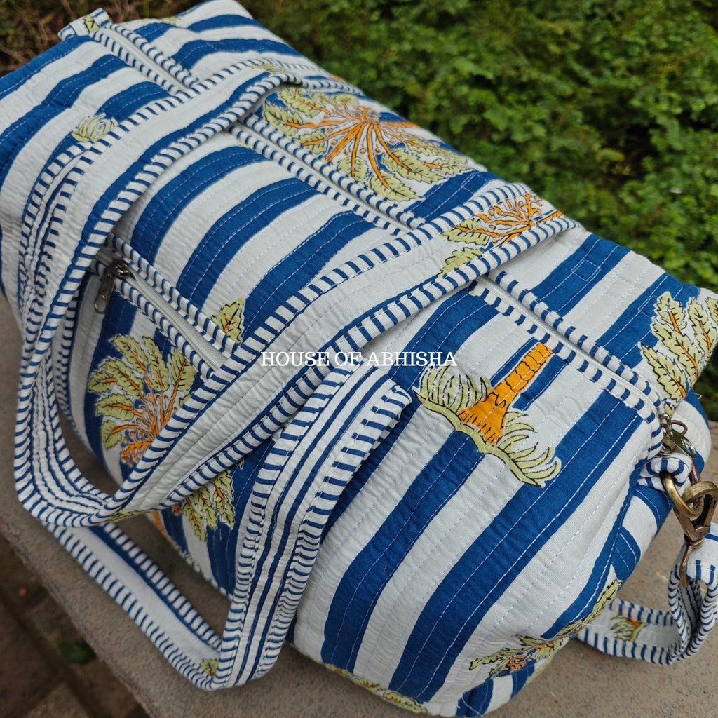 Block Printed Quilted Royal Palm Duffle Bag