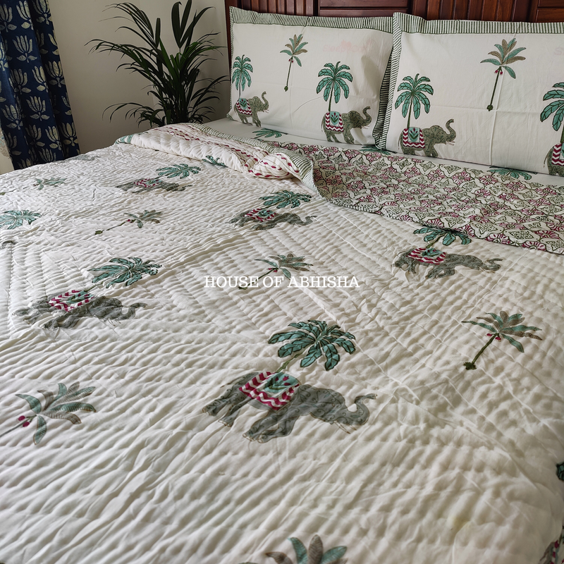 Palm Court Handblock Bedsheet + Quilt Combo Set