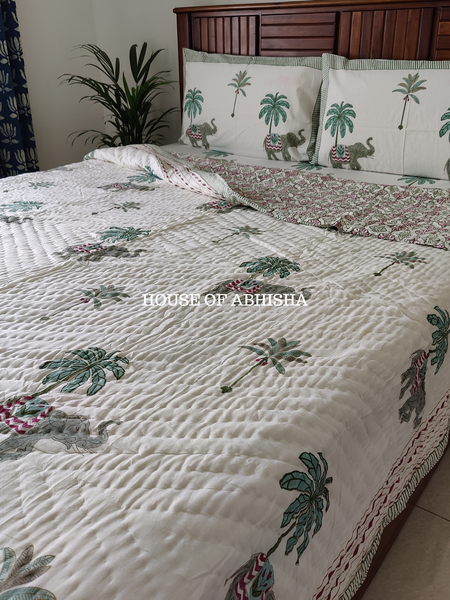 Palm Court Handblock Bedsheet + Quilt Combo Set