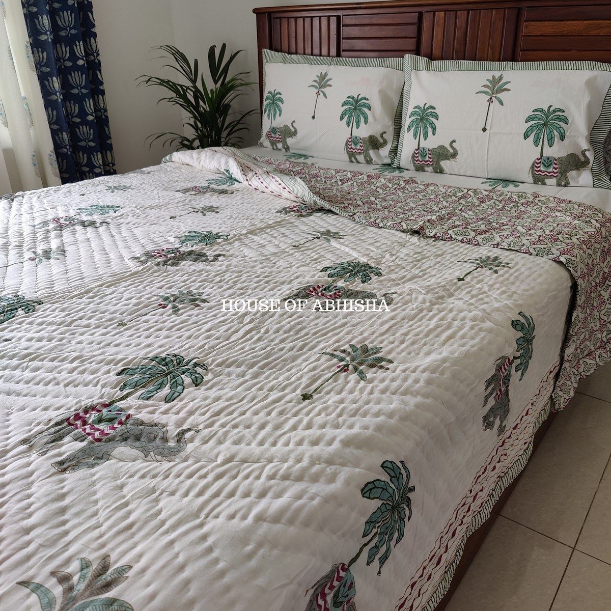 Palm Court Handblock Bedsheet + Quilt Combo Set