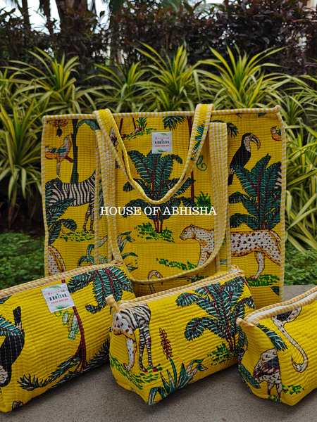 Jungle Mela Quilted Cotton Tote Bag + Pouch (Set of 3) Combo