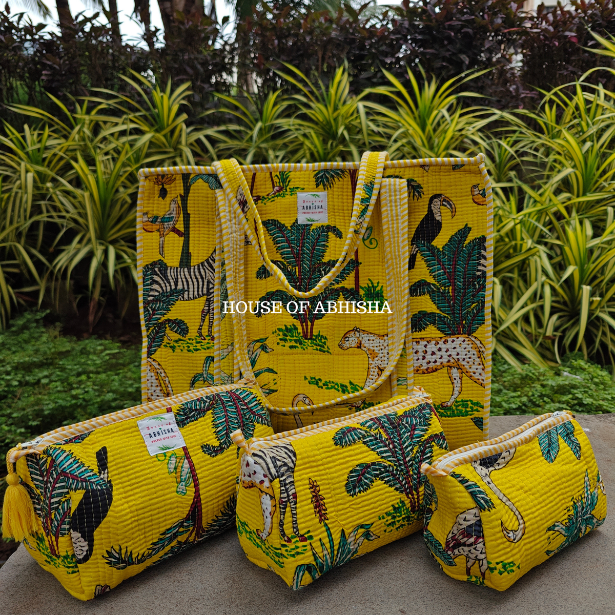 Jungle Mela Quilted Cotton Tote Bag + Pouch (Set of 3) Combo