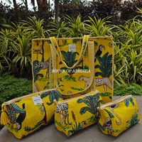 Jungle Mela Quilted Cotton Tote Bag + Pouch (Set of 3) Combo
