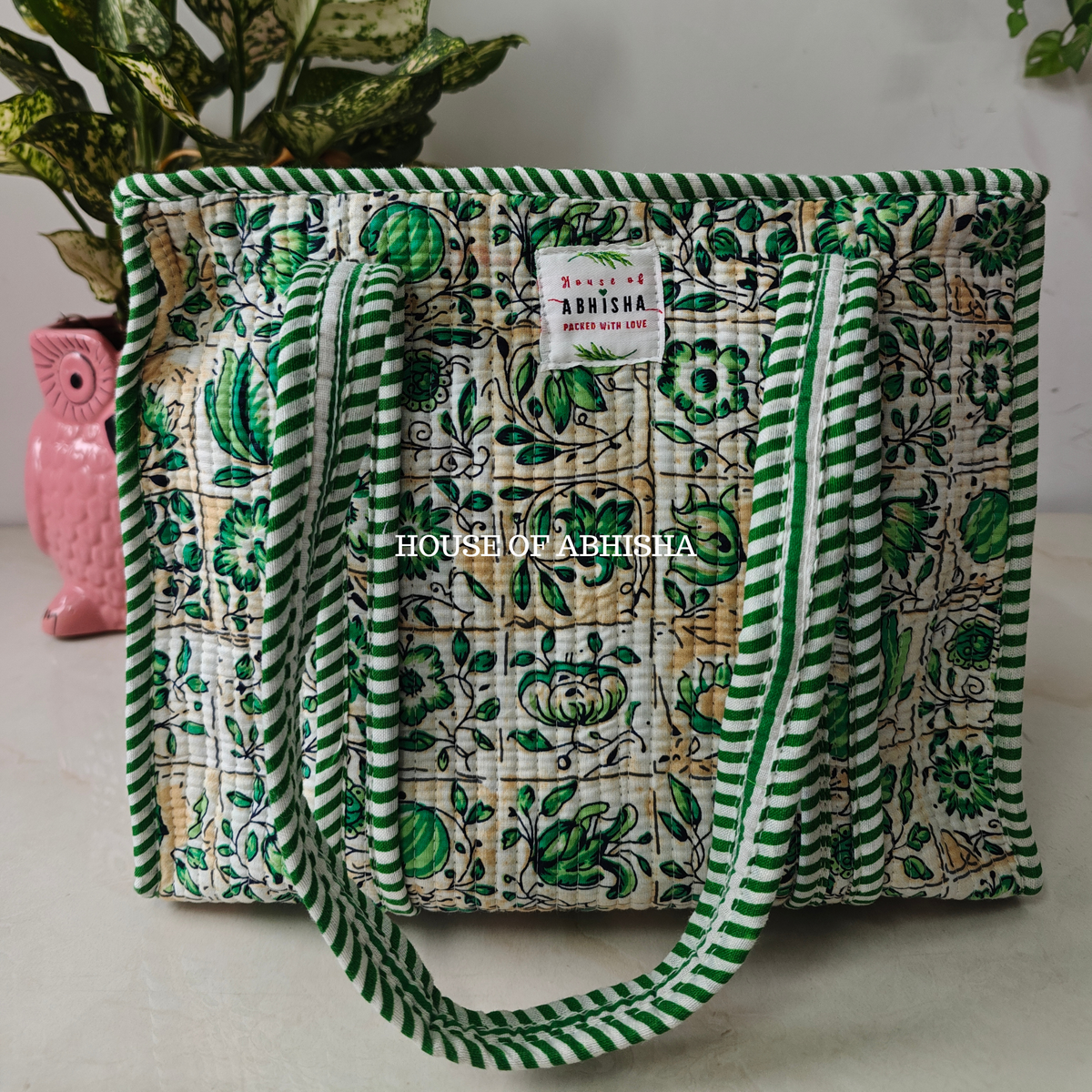 Green Bloom Mini Quilted Cotton Tote Bag
