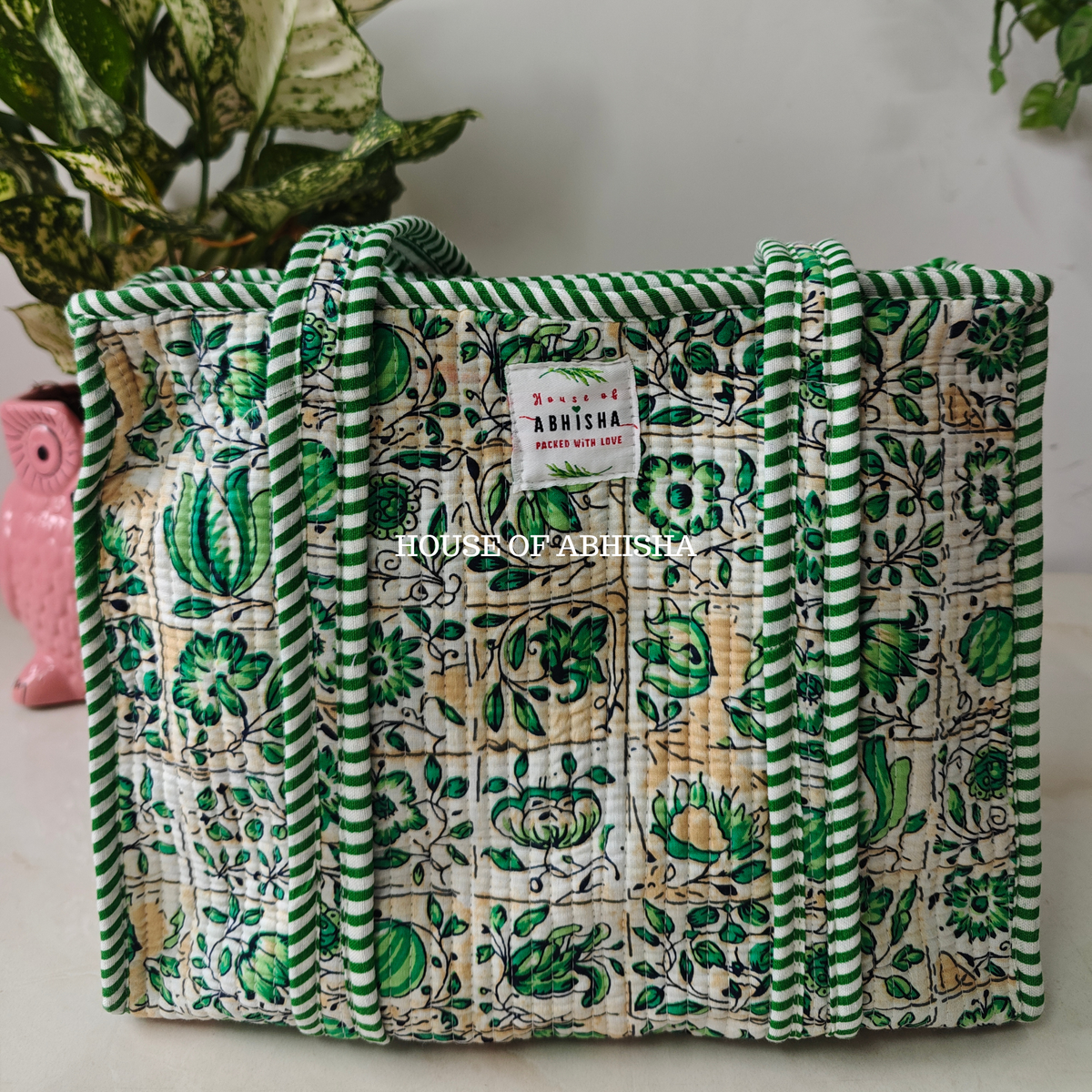 Green Bloom Mini Quilted Cotton Tote Bag