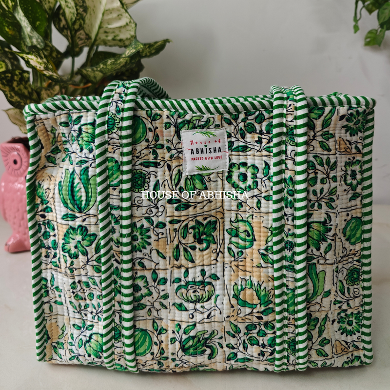 Green Bloom Mini Quilted Cotton Tote Bag