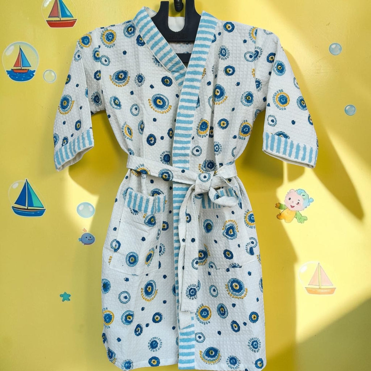 Evil Eye Handblock Printed Kids Waffle Cotton Bathrobe