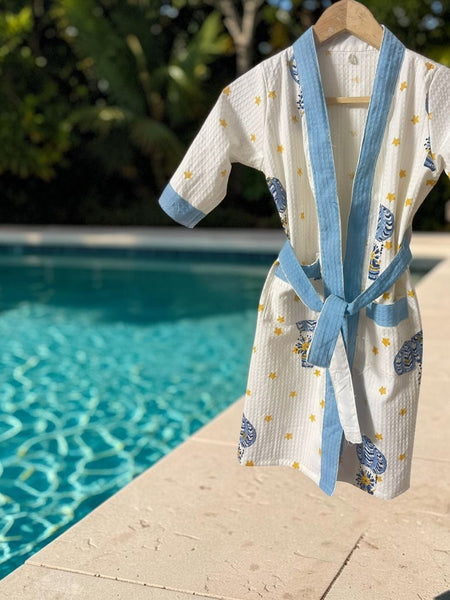 Starry Night Handblock Printed Kids Waffle Cotton Bathrobe