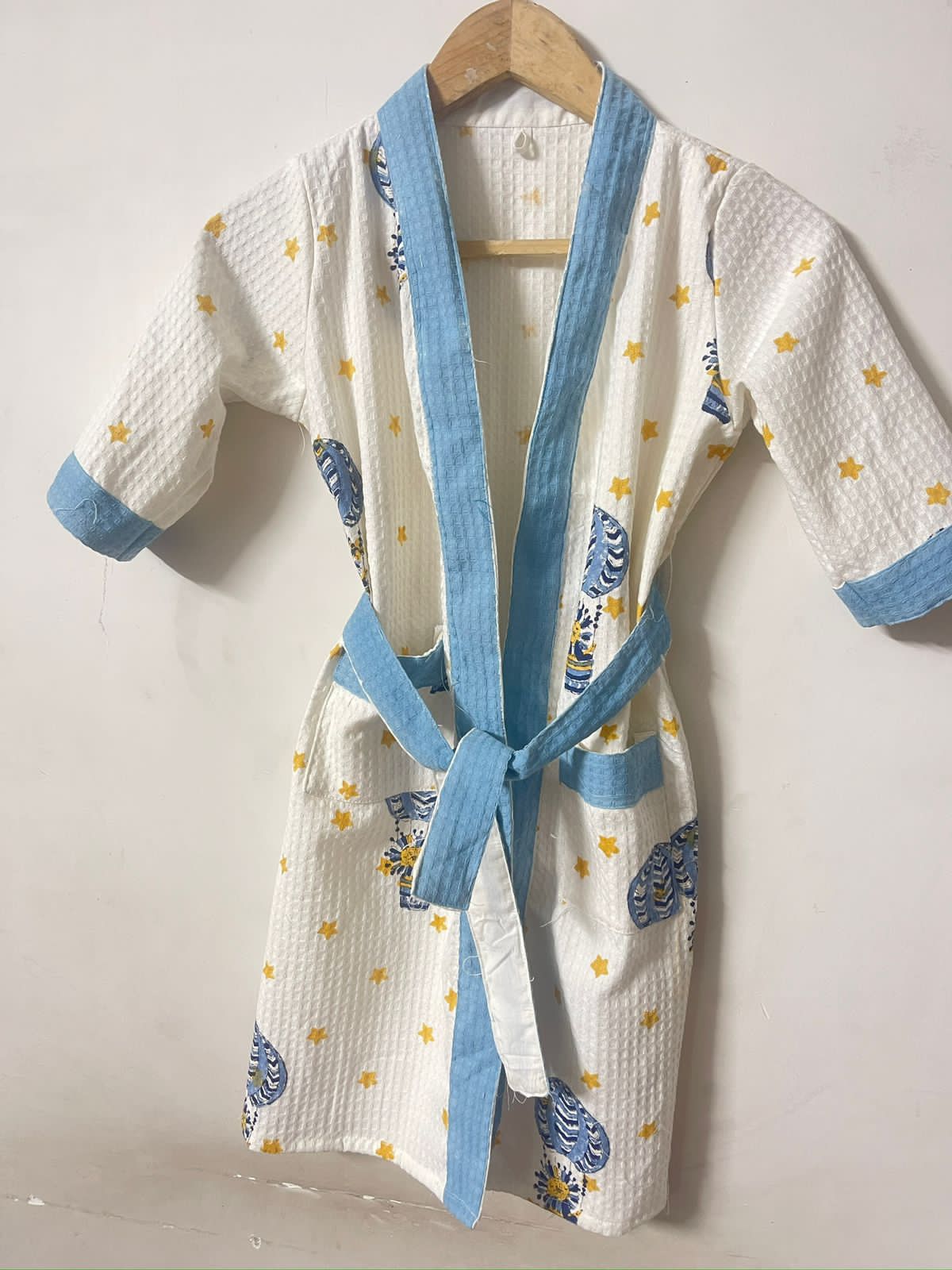 Starry Night Handblock Printed Kids Waffle Cotton Bathrobe