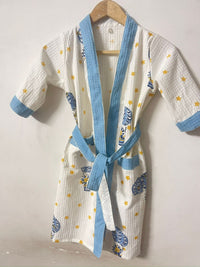 Starry Night Handblock Printed Kids Waffle Cotton Bathrobe