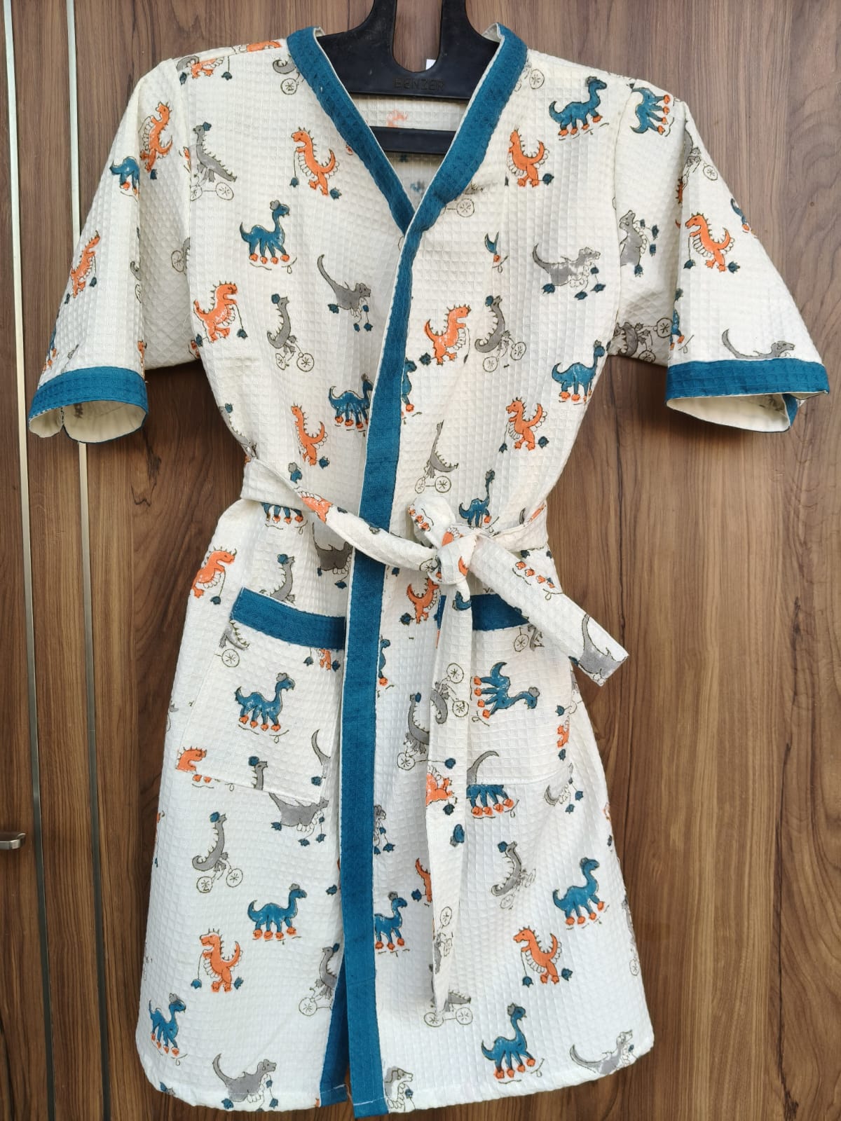 Dino World Handblock Printed Kids Waffle Cotton Bathrobe