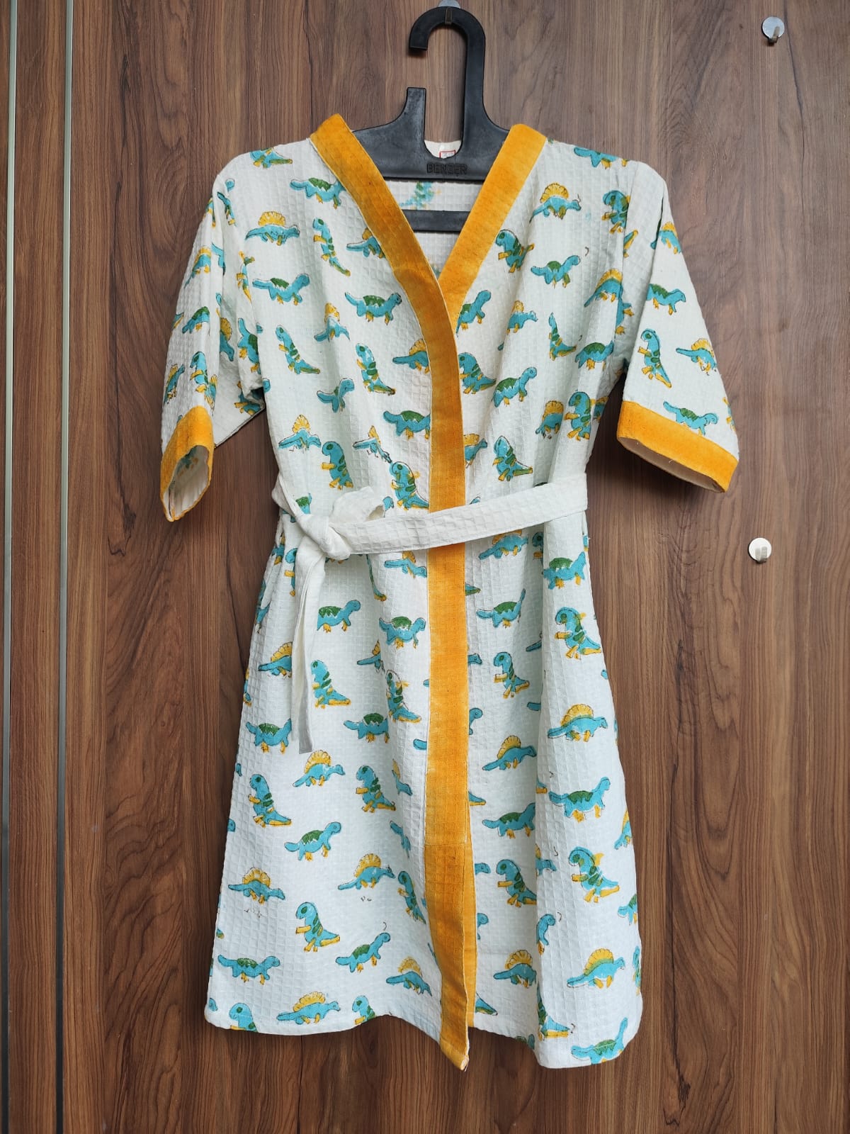 Marine World Handblock Printed Kids Waffle Cotton Bathrobe