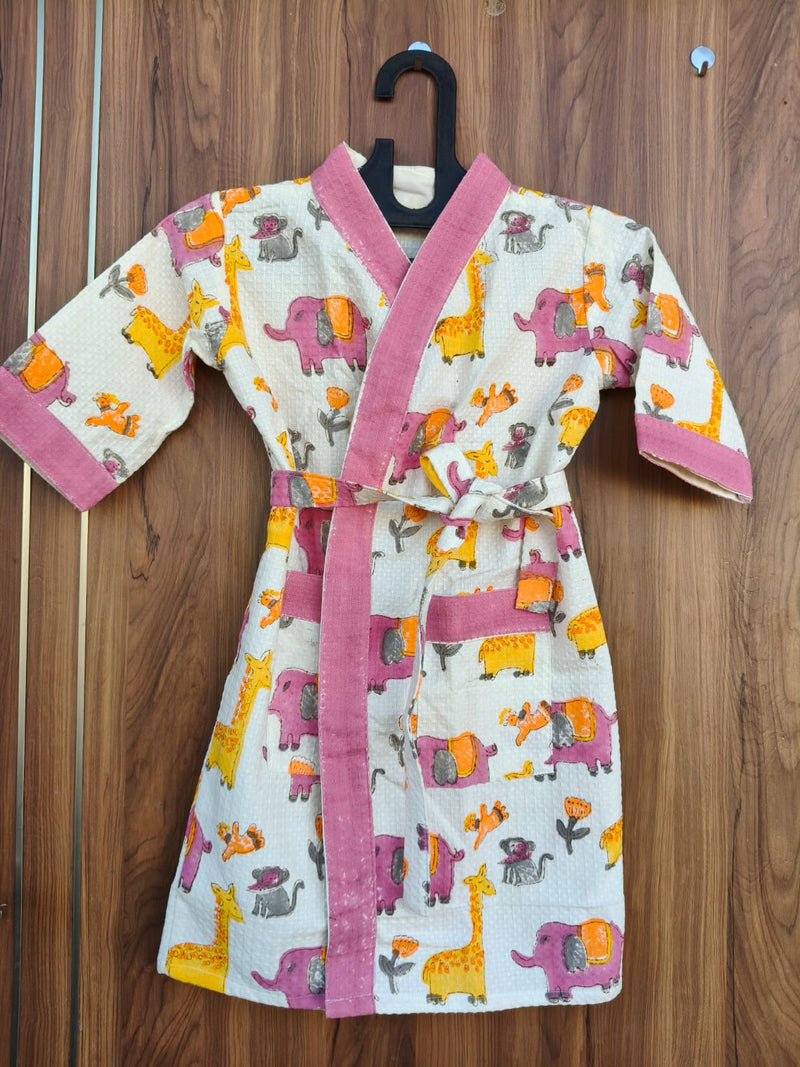 Jungle Book Handblock Printed Kids Waffle Cotton Bathrobe