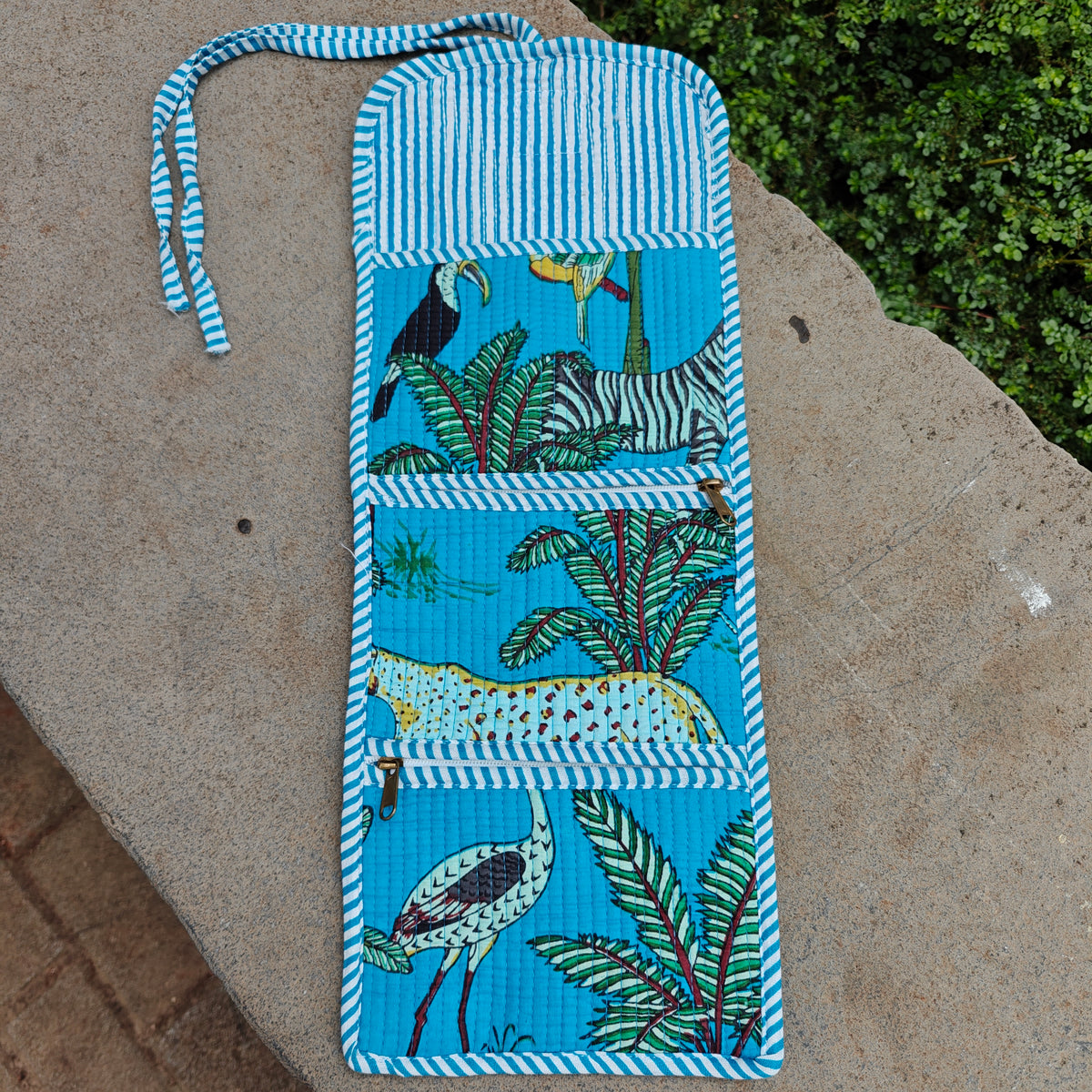Jungle Handblock Printed Quilted Roll-Up Pouch