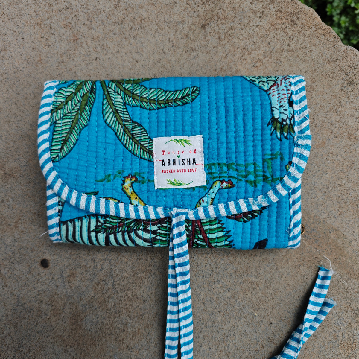 Jungle Handblock Printed Quilted Roll-Up Pouch