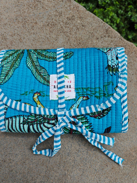 Jungle Handblock Printed Quilted Roll-Up Pouch