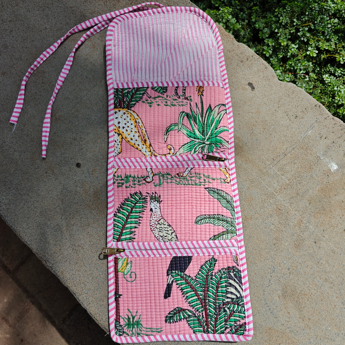 Pink Jungle Handblock Printed Quilted Foldable Pouch