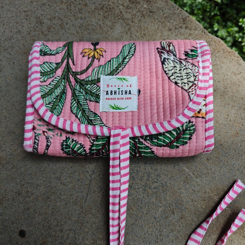 Pink Jungle Handblock Printed Quilted Foldable Pouch