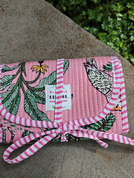 Pink Jungle Handblock Printed Quilted Foldable Pouch