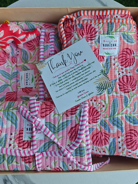 The Complete Travel Trio – Quilted Tote, Vanity Bag & Foldable Pouch Gift Set