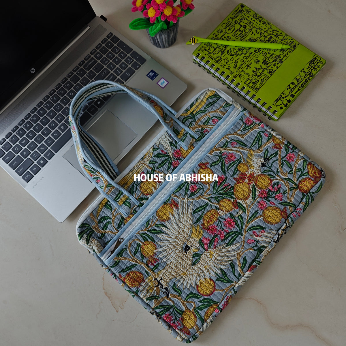 Rangrez Handblock Printed Quilted Laptop Bag with Handles