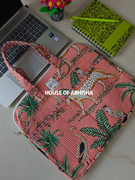 Jungle Tribe Handblock Printed Quilted Laptop Bag with Handles