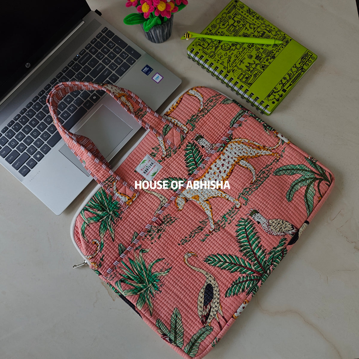 Jungle Tribe Handblock Printed Quilted Laptop Bag with Handles