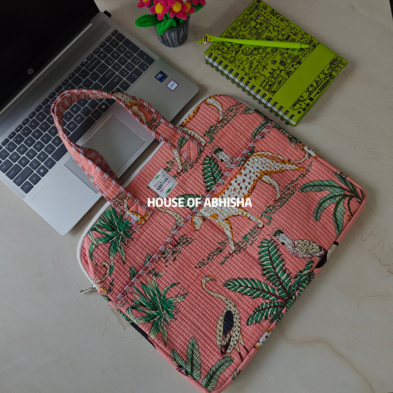 Jungle Tribe Handblock Printed Quilted Laptop Bag with Handles