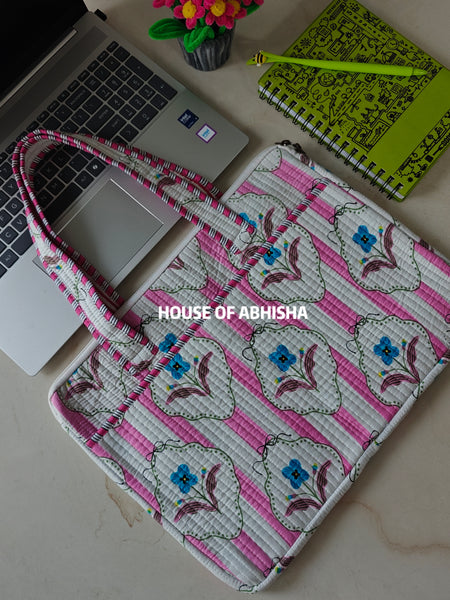 Gulnaar Handblock Printed Quilted Laptop Bag with Handles