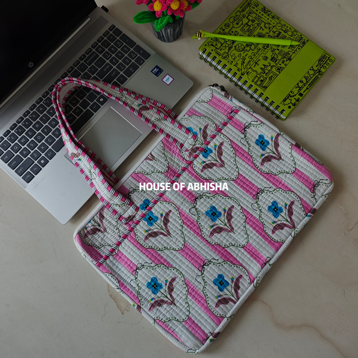 Gulnaar Handblock Printed Quilted Laptop Bag with Handles