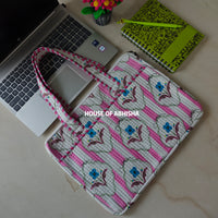 Gulnaar Handblock Printed Quilted Laptop Bag with Handles