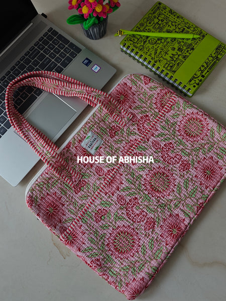 Kashish Handblock Printed Quilted Laptop Bag with Handles