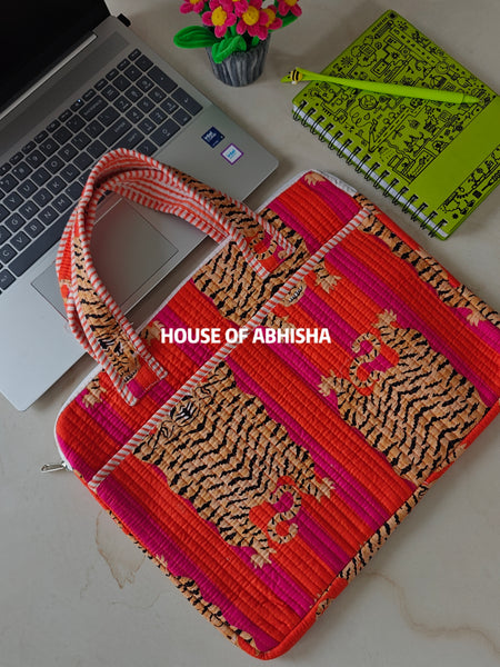 Jungle Bagh Handblock Printed Quilted Laptop Bag with Handles