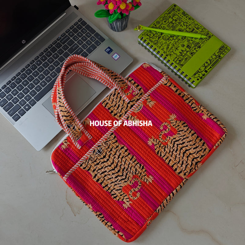 Jungle Bagh Handblock Printed Quilted Laptop Bag with Handles