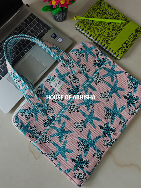 Sandy Toes Handblock Printed Quilted Laptop Bag with Handles