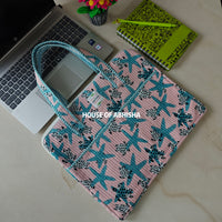 Sandy Toes Handblock Printed Quilted Laptop Bag with Handles