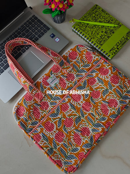 Rangoli Handblock Printed Quilted Laptop Bag with Handles