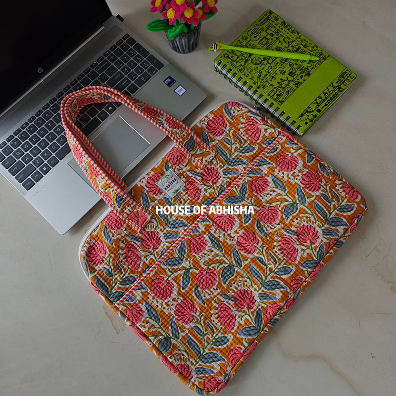 Rangoli Handblock Printed Quilted Laptop Bag with Handles