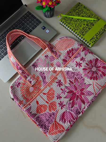 Kesar Bloom Handblock Printed Quilted Laptop Bag with Handles