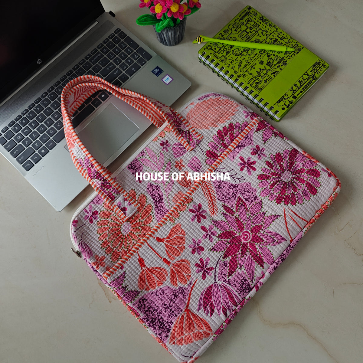 Kesar Bloom Handblock Printed Quilted Laptop Bag with Handles