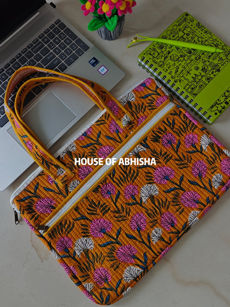Bahar Handblock Printed Quilted Laptop Bag with Handles