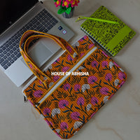 Bahar Handblock Printed Quilted Laptop Bag with Handles