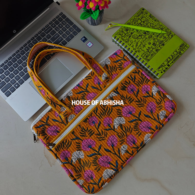 Bahar Handblock Printed Quilted Laptop Bag with Handles