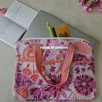 Kesar Bloom Handblock Printed Quilted Laptop Bag with Handles