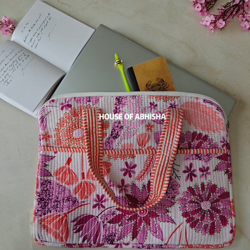 Kesar Bloom Handblock Printed Quilted Laptop Bag with Handles
