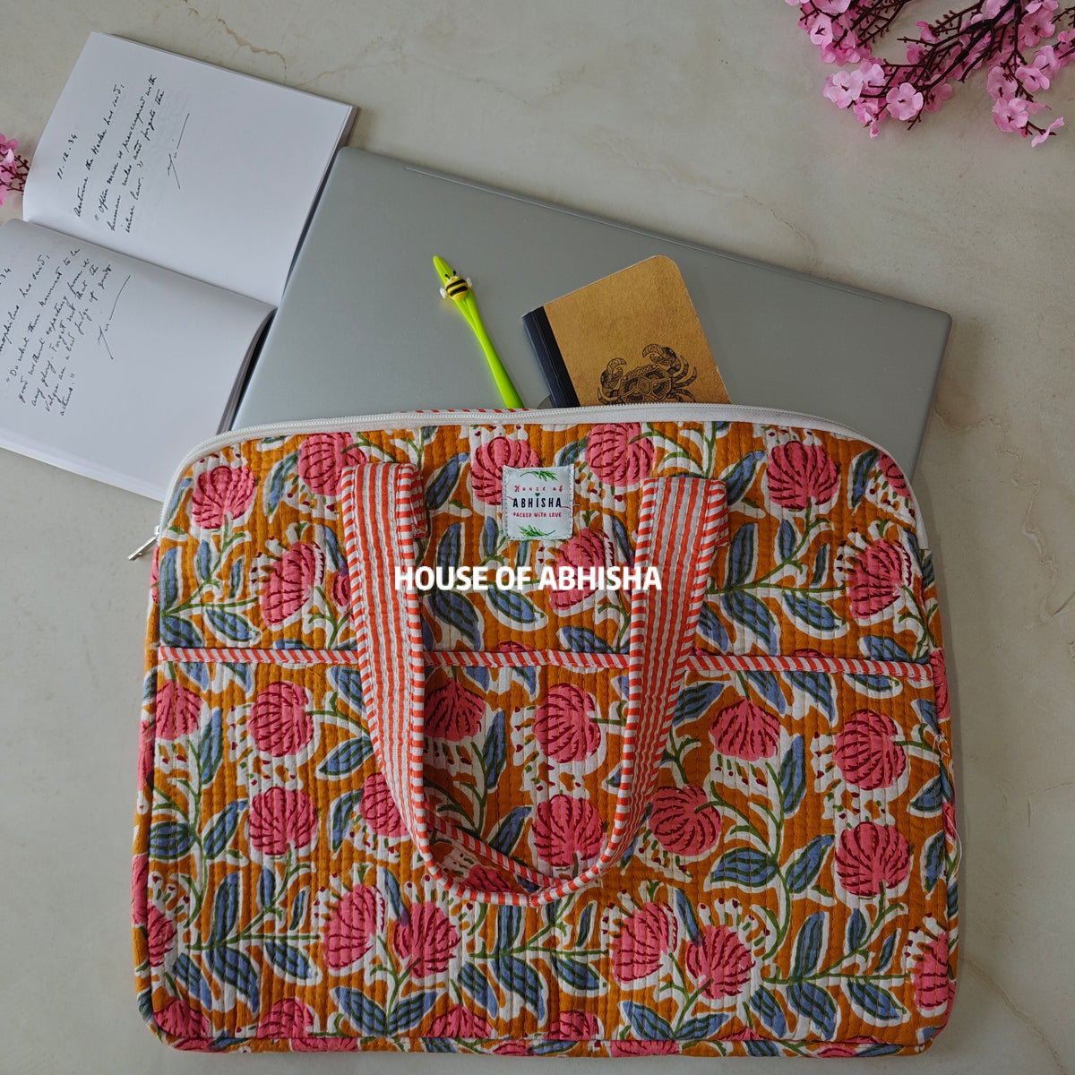 Rangoli Handblock Printed Quilted Laptop Bag with Handles